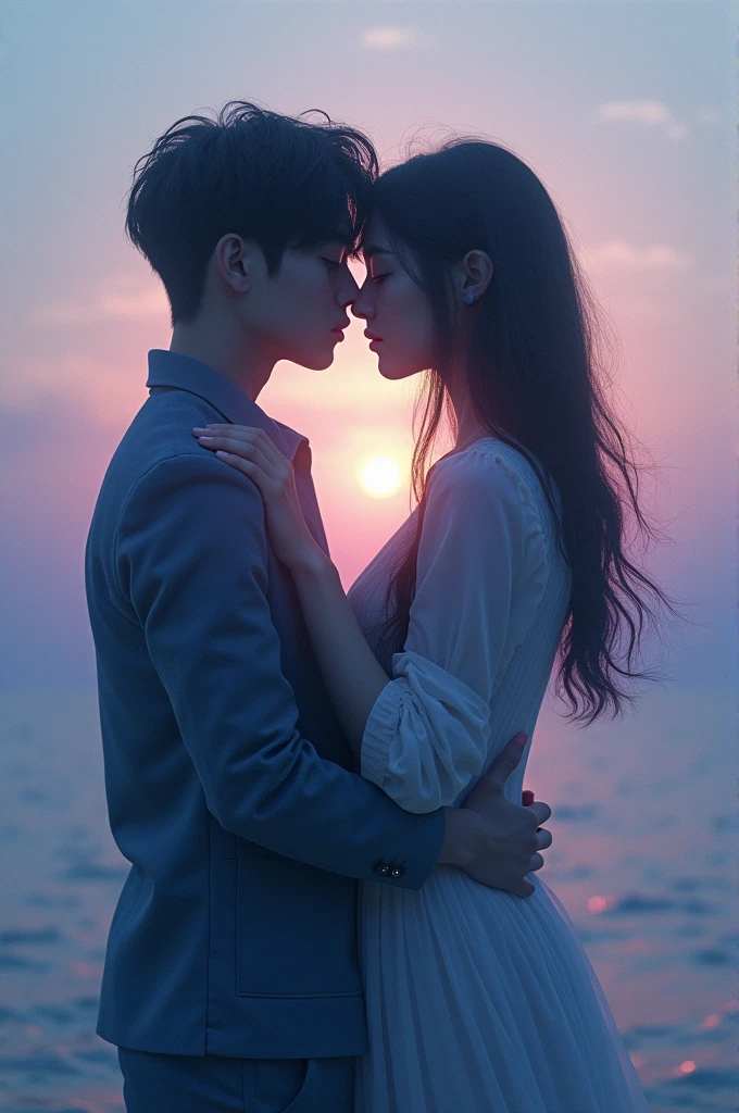 Un design avec deux silhouettes de Jungkook et jimin se tenant la main ou se regardant intensément, symbolisant leur connexion profonde. Le fond pourrait être un dégradé de couleurs douces, comme des bleus et des violets, pour évoquer la sérénité et l'intensité émotionnelle.