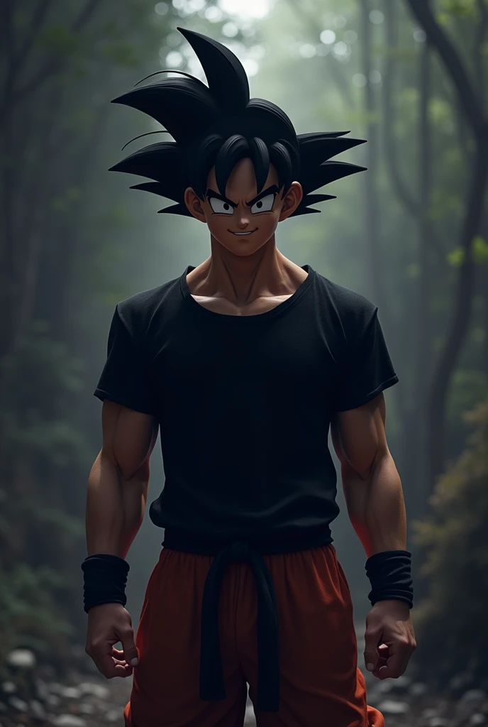make goku with black t-shirt and black pants in a dark pixel faded environment