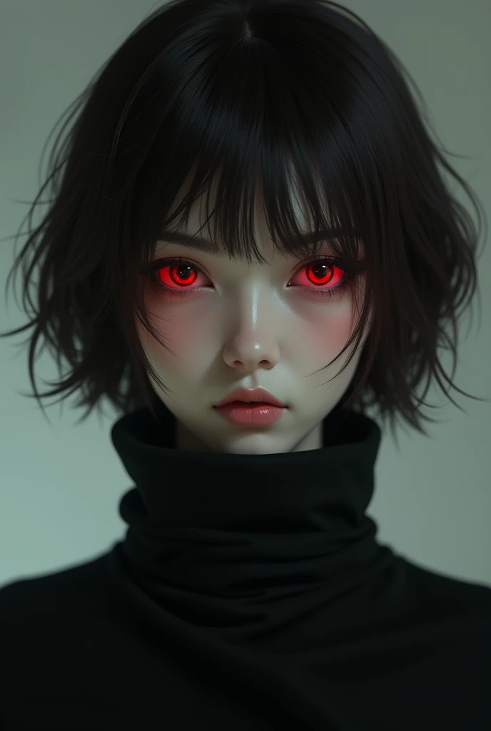 Woman aged 30 to 45 years, short dark brown hair,  ruby red eyes hidden by brown contact lenses, White skin, of 1.75 a 1.80 meters high, slim, serious and cold aura