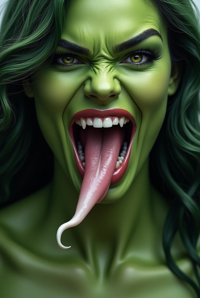 She-Hulk From marvel opens her mouth wide showing you her uvula and super thick slimy white Tongue with a sexy expression on her face