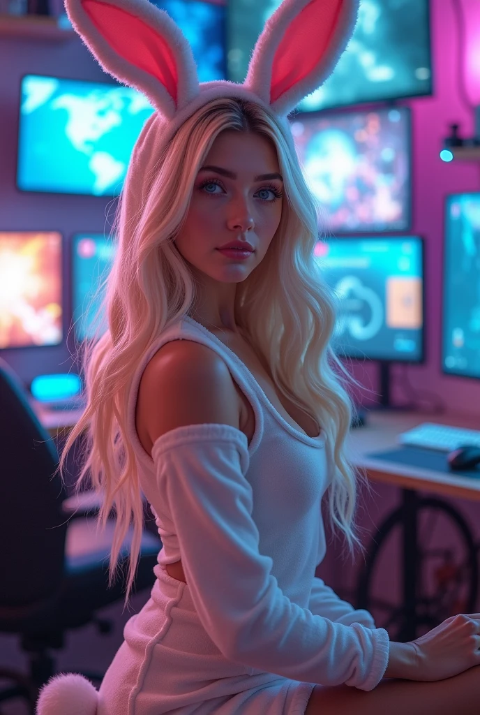 Blonde white woman dressed as a bunny in a gaming room