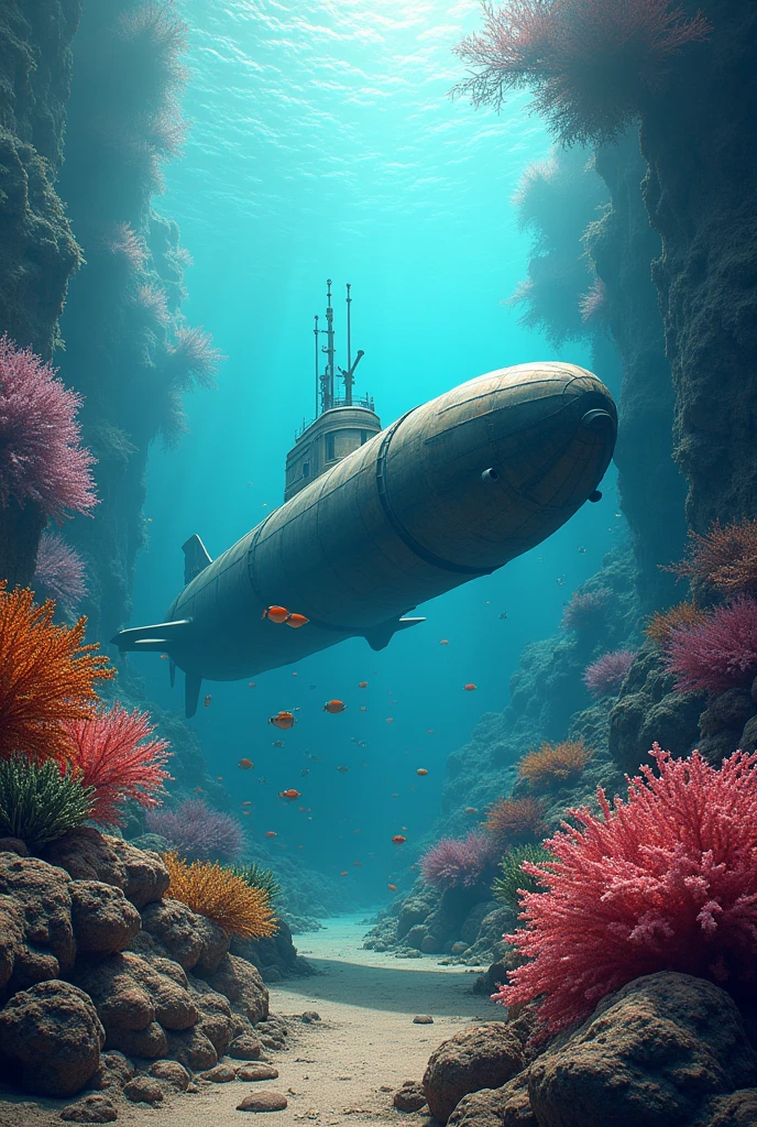 ((surrealism photo)), image of a submarine underwater with corals and fish around, extremely beautiful landscape that looks surreal,