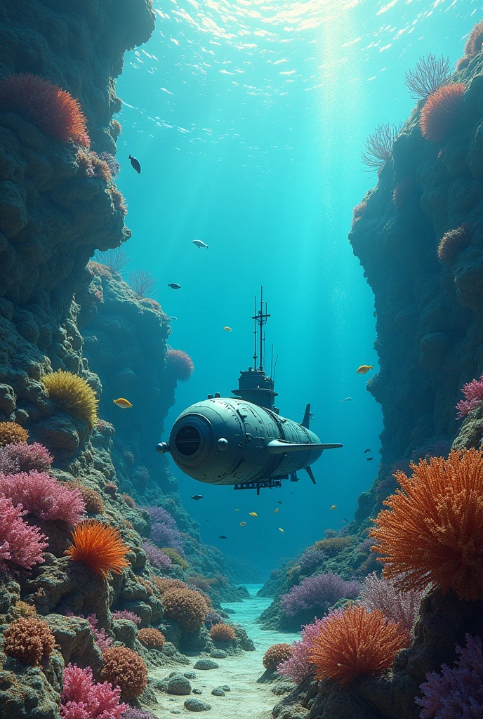 ((surrealism photo)), image of a submarine underwater with corals and fish around, extremely beautiful landscape that looks surreal,