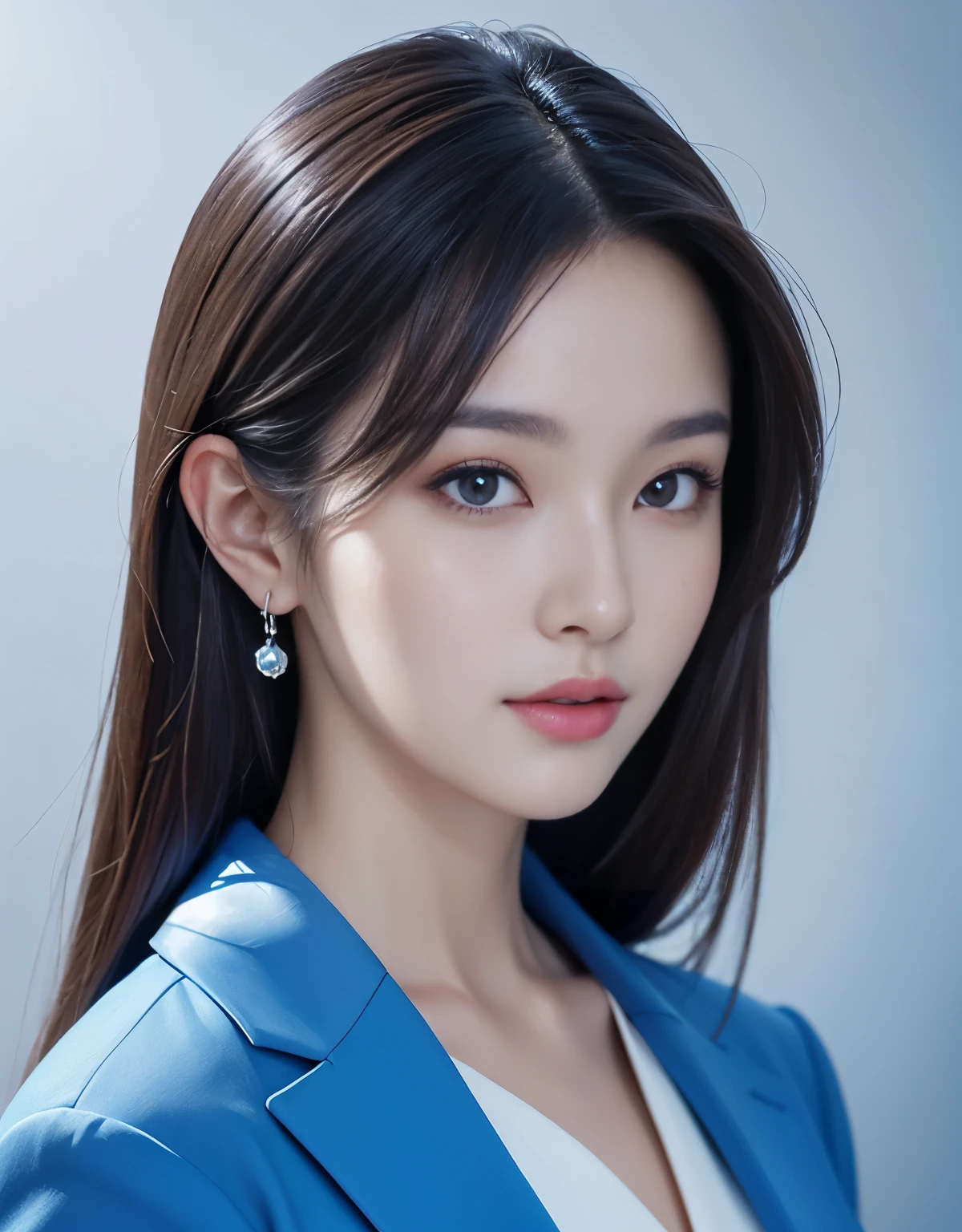 Close up portrait of woman in blue suit and white shirt, Elegant digital art, High-quality portraits, Shiny digital painting, Digital Art Images, Beautiful digital art, Elegant digital painting, Portrait of a female idol in Japan, Beautiful digital painting, Realistic cute girl drawing, high quality digital painting, TWICE's Tzuyu, Professional Profile Photo, Japanese Girls