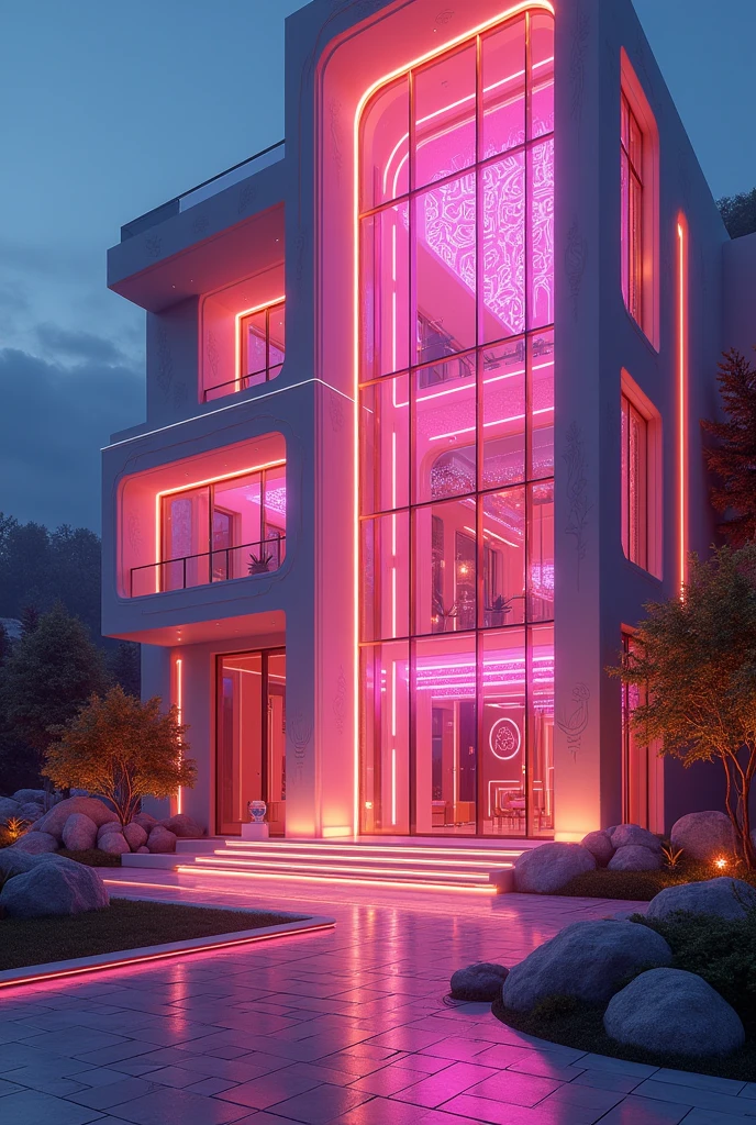 Futuristic LED mansion pink interior large with large windows transparent 
