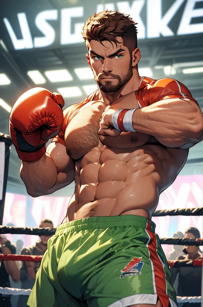 (masterpiece, best quality, extremely high detail, ultrahigh definition, stylized pose, high quality, 4k resolution). very muscular handsome boxer man in his early twenties, short red hair, green eyes, detailed eyes, full beard, intimidating expression, shirtless, small tight shorts, bulge, Tanned skin. Background: Standing in a boxing ring, 32k uhd, best quality, masterpiece, super detail, high details.