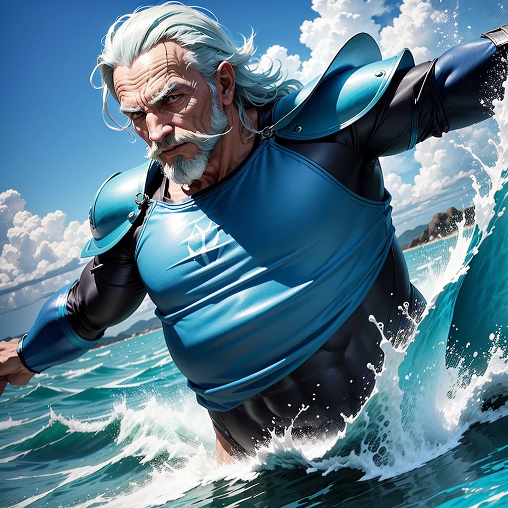 Old magist man, dressing avatar armor suite,jumping into a blue sea,at hight tide waves,near the dolphins