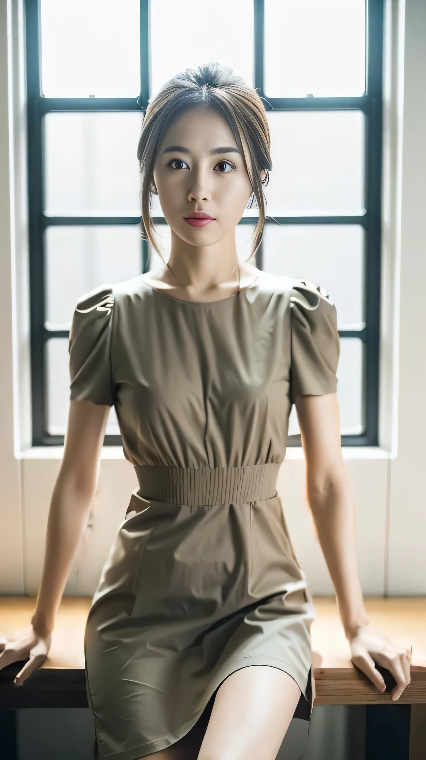 Wearing a muted colored dress,Short sleeve,