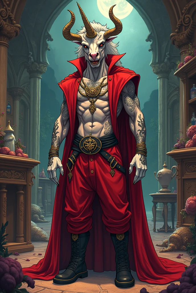 Create a humanoid demonic unicorn,, Red Wizard Suit Style Clothes, wearing baggy pants, Wearing white gloves with alchemy symbol, wearing a black boot, tattoos on body, black jewelry, full of anxiety on the tele finger, background image a wizard'Room, Adventure Time style drawing