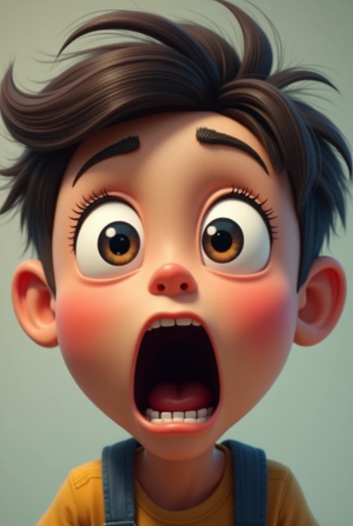 Create an image of a young boy with a shocked expression. The boy should have wide-open eyes, raised eyebrows, and his mouth slightly open in surprise. His facial features should convey a strong sense of astonishment, with his hair possibly disheveled to enhance the dramatic effect. The background can be neutral to keep the focus on his expression.