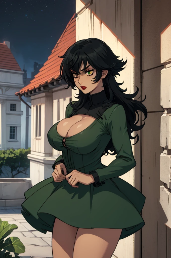 best quality, ultra-detailed, best illustration, masterpiece, high res (1girl:1.3), (large breast:1.5), closed mouth, (21 years old), ((1girl)), ((((solo))), (((alone))), (((genderbend))), (((female))), wide hips, thick thighs, narrow waist, ((green top)), ((green dress)), ((in a beautiful mansion)), ((anime artstyle)), long eyelashes, ((long black hair)), (((at night))), (red lipstick), (black eyeshadow), (in the dark)