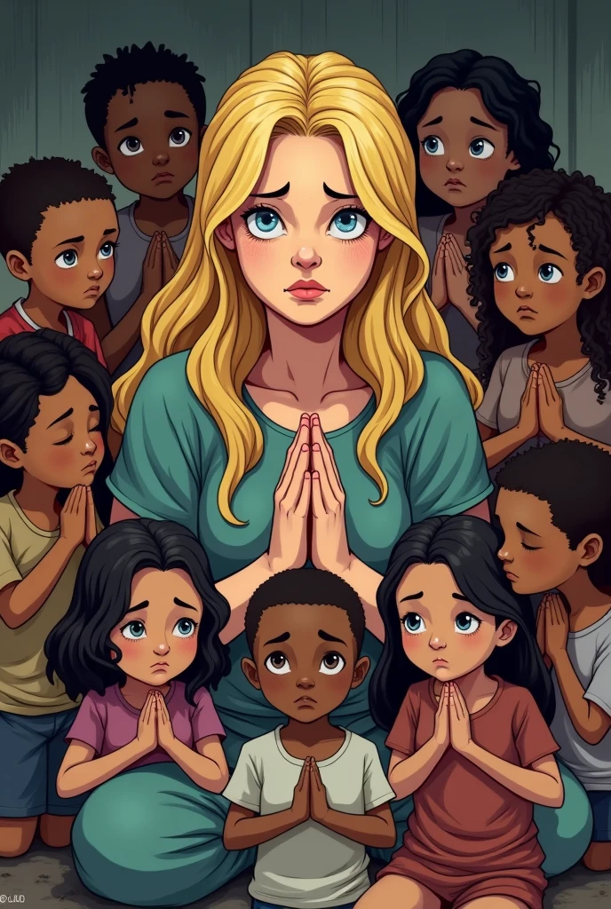 Desperate blonde haired blue eyed mother with 10 biracial children praying cartoon