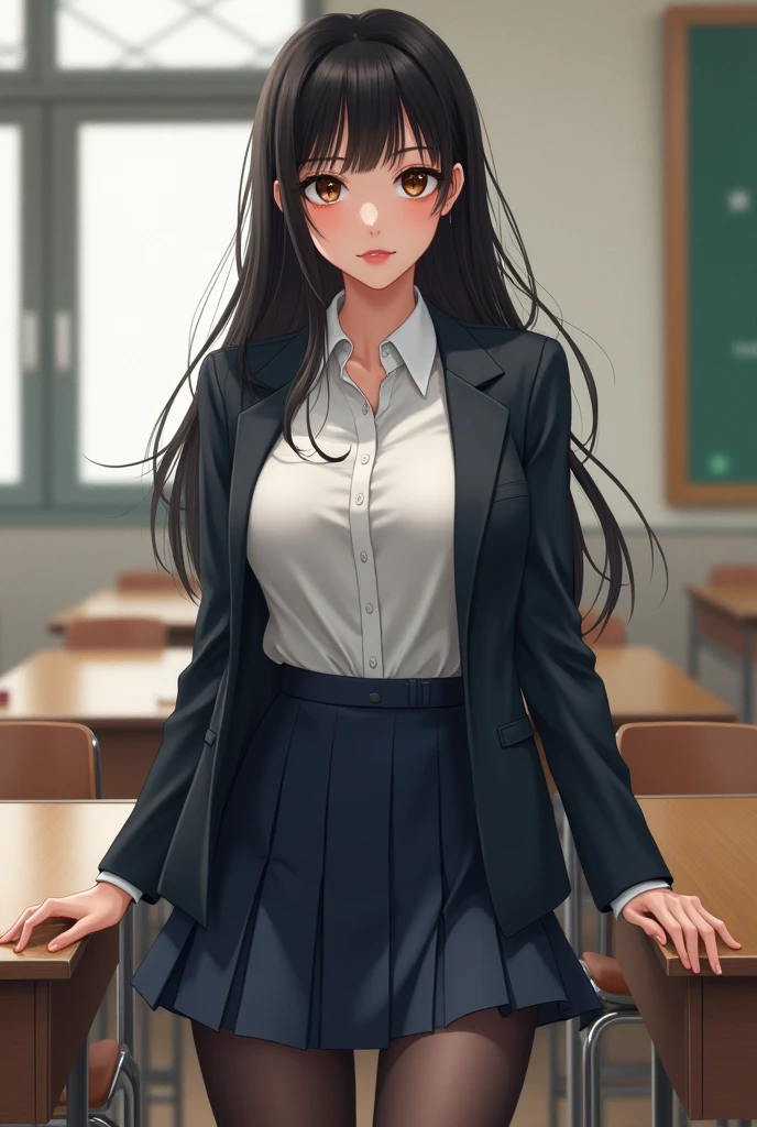 (((masterpiece))), ((best quality)), ((intricate detailed)), ((Hyperrealistic)), absurd res, ((MILF)), 30 years old, mature woman, highly detailed, illustration, 1girl, (huge breasts), perfect hands,  beautiful detailed eyes, long hair, black hair, brown eyes, classroom, (Korea school uniform:1.2), ( school brazer:1.2), (white shirt:1.2), (mini tight skirt:1.2), school necktie, tights, glasses, teacher, detailed background, perfect eyes, seductive eyes, seductive smile, seductive pose, looking at the viewer, sexy poses, from front
