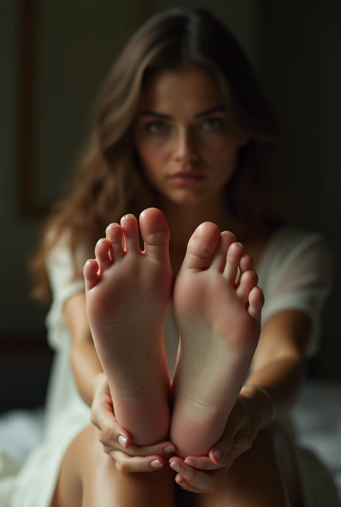 a woman hypnotizing the viewer with her soles, detailed beautiful face and eyes, flawless skin, detailed toes, elegant posture, barefoot, soft lighting, photorealistic, highly detailed, masterpiece, 8k, realistic, cinematic, dramatic lighting, chiaroscuro, ethereal, elegant, captivating