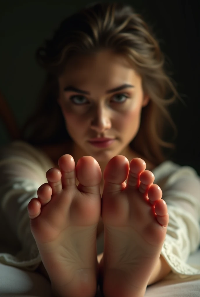 a woman hypnotizing the viewer with her soles, detailed beautiful face and eyes, flawless skin, detailed toes, elegant posture, barefoot, soft lighting, photorealistic, highly detailed, masterpiece, 8k, realistic, cinematic, dramatic lighting, chiaroscuro, ethereal, elegant, captivating