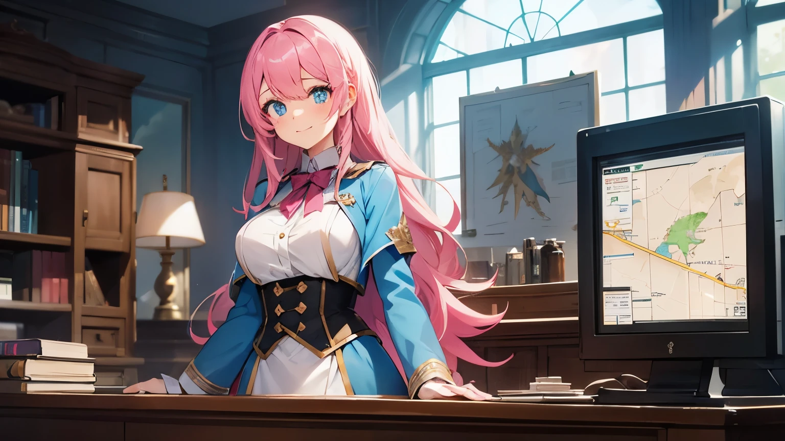 **Prompt:** A beautiful girl with pink hair and blue eyes stands behind the counter as the receptionist of an adventurers' guild. Her vibrant pink hair cascades down in soft waves, contrasting with her striking blue eyes that shine with warmth and professionalism. Dressed in a smart uniform befitting the guild's prestigious status, she smiles welcomingly, ready to register new adventurers. The room is adorned with banners and maps, filled with the buzz of excited adventurers. Her confident and composed demeanor brings a sense of order and comfort in the bustling, fantasy-world setting of an isekai novel.