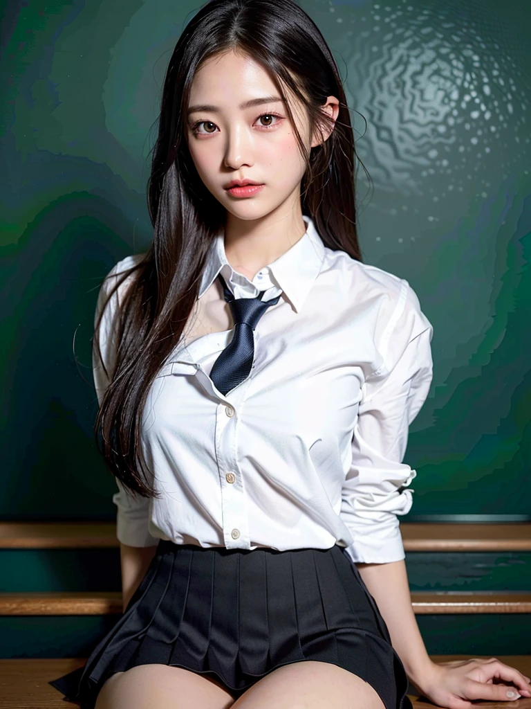 (masterpiece:1.3), (8k, Realistic, RAW Photos, Best image quality: 1.4), (Random Hairstyles:1.2)、(Highly detailed face)、Attention to detail、double eyelid、(Dark Eyes),(Sharp focus:1.2)、((whole body:1.5)),One Woman、Beautiful woman:1. 4,20-year-old woman、smile,Woman with a perfect body,Beautiful Abs,Chest-length hair、Highest quality、masterpiece、Ultra-high resolution、(Realistic:1.4)、super high quality、Symmetrical face、The face is very realistic、Photo level、8k最高画質はフル、Sebaceous reflex、The face is very realistic、Extremely realistic skin、Realistic light and shadow effects、(Pure and elegant girl),Professional Lighting、((Swayback stance)),(((Beautiful thighs))),(Sexy pose,Seductive pose),Recurve your hips back,Bend your waist,((dance,dance,Dancing)),((School classroom,blackboard)),((Underarm)),(((School Uniform:1.3,skirt,White shirt with open buttons,Loosened tie))),((Sit at a desk with your legs spread)),Panties are slightly visible