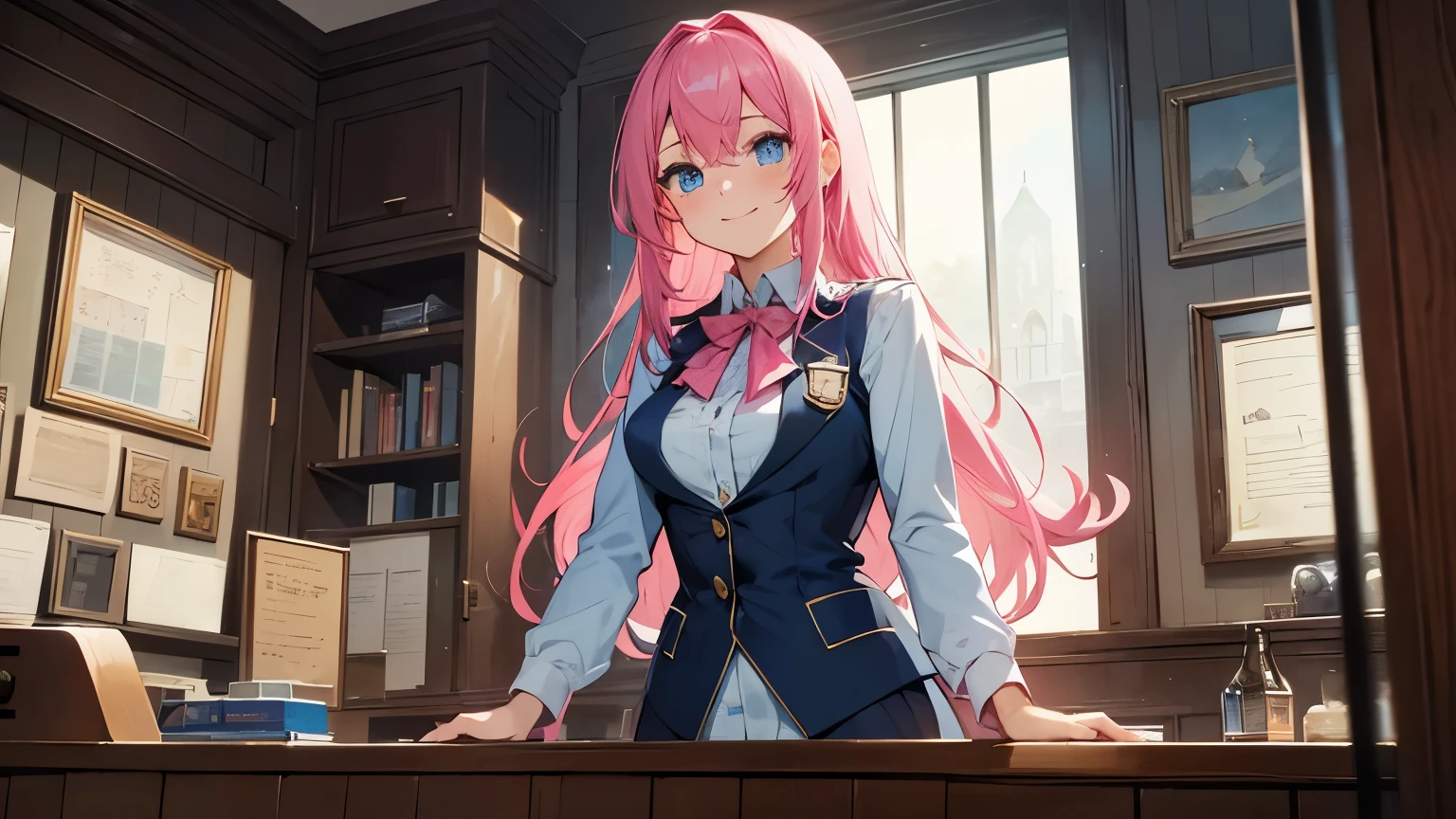 **Prompt:** A beautiful girl with pink hair and blue eyes stands behind the counter as the receptionist of an adventurers' guild. Her vibrant pink hair cascades down in soft waves, contrasting with her striking blue eyes that shine with warmth and professionalism. Dressed in a smart uniform befitting the guild's prestigious status, she smiles welcomingly, ready to register new adventurers. The room is adorned with banners and maps, filled with the buzz of excited adventurers. Her confident and composed demeanor brings a sense of order and comfort in the bustling, fantasy-world setting of an isekai novel.