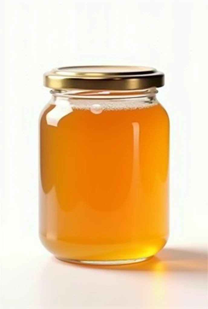 (photorealism:1.2), High quality A detailed view of a jar of honey jam against a pristine white background. The jar is clear and made of glass, revealing the golden, shimmering honey jam within. The lid is metallic and reflects a little bit of light. The honey jam itself looks rich and thick, yet flowy, full of appetizing sweetness. The white background provides a stark contrast, making the honey jam stand out prominently.