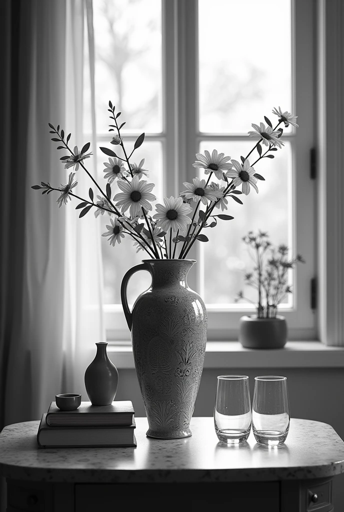 Make a beautiful and detailed vase that is quite shiny. The vase has a spout and has details in its ceramics. Next to it are smaller objects such as books and glasses so that the detail in the ceramics stands out., that it has drawings in which the ceramic has reliefs on it and is not so smooth That its background is a window and that the vase is on a table in front of a window and inside it there are flowers That the image is in black and white That the vase is in front of the window