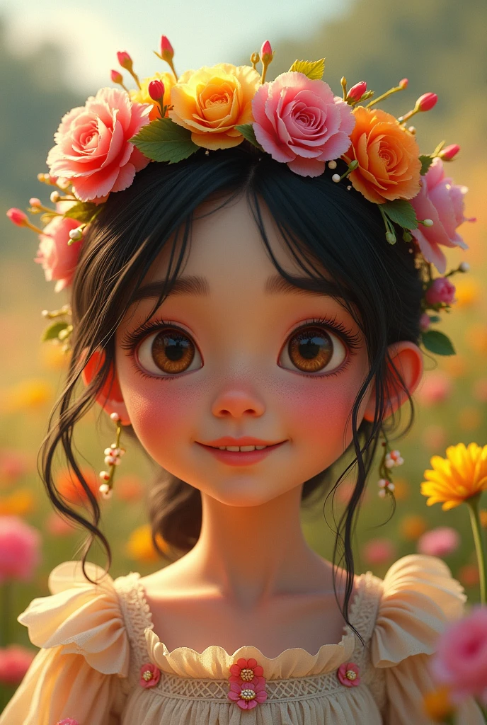 The image features an animated girl close-up. and stylized, a dress and a flower crown. It is surrounded by a field of flowers.