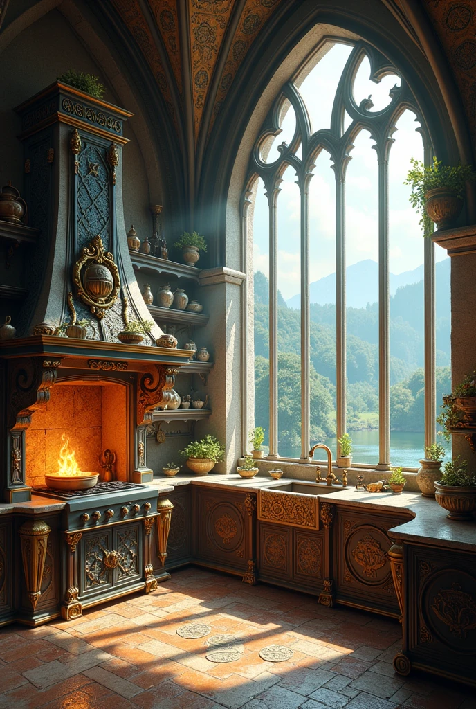 Fantasy kitchen with large transparent windows