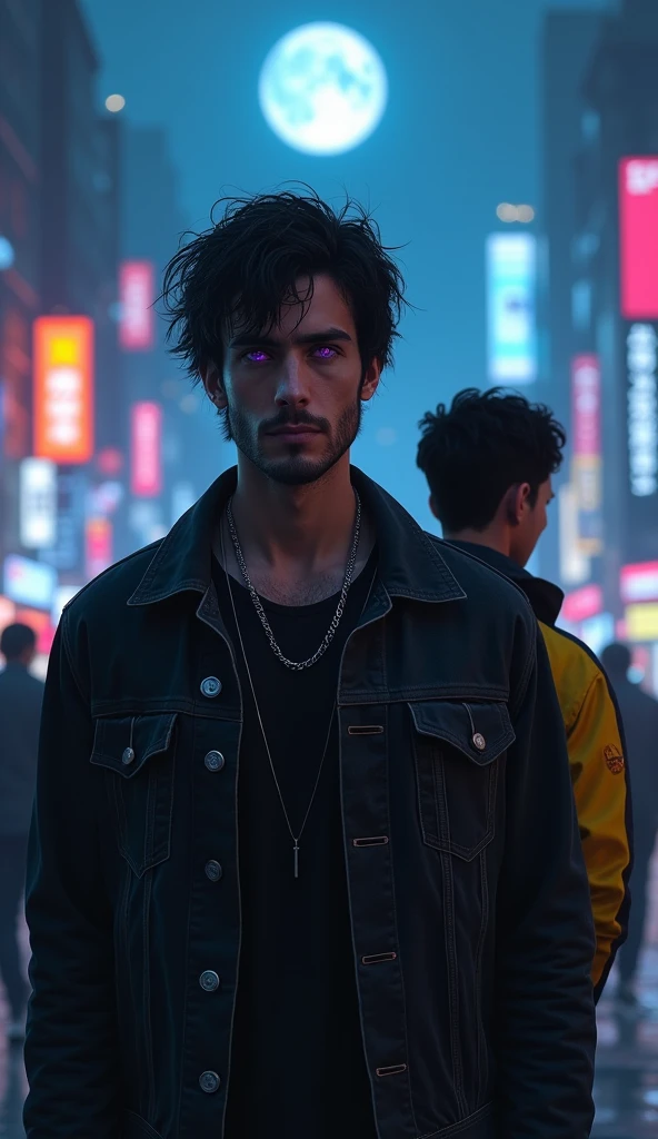 (realistic) 1 white adult male with black eyes and bright dark purple irises, broad shoulders, messy black hair parted in the middle and a short beard. Serious expression. Wearing an open black denim jacket, a black shirt underneath and a silver chain around his neck. Walking in a futuristic city at night with heavy fog and blue moonlight. Along with 1 young man black skin with bright yellow irises, broad shoulders, round black hair with curls. Looking back. Wearing a yellow and black sports coat. On your back.