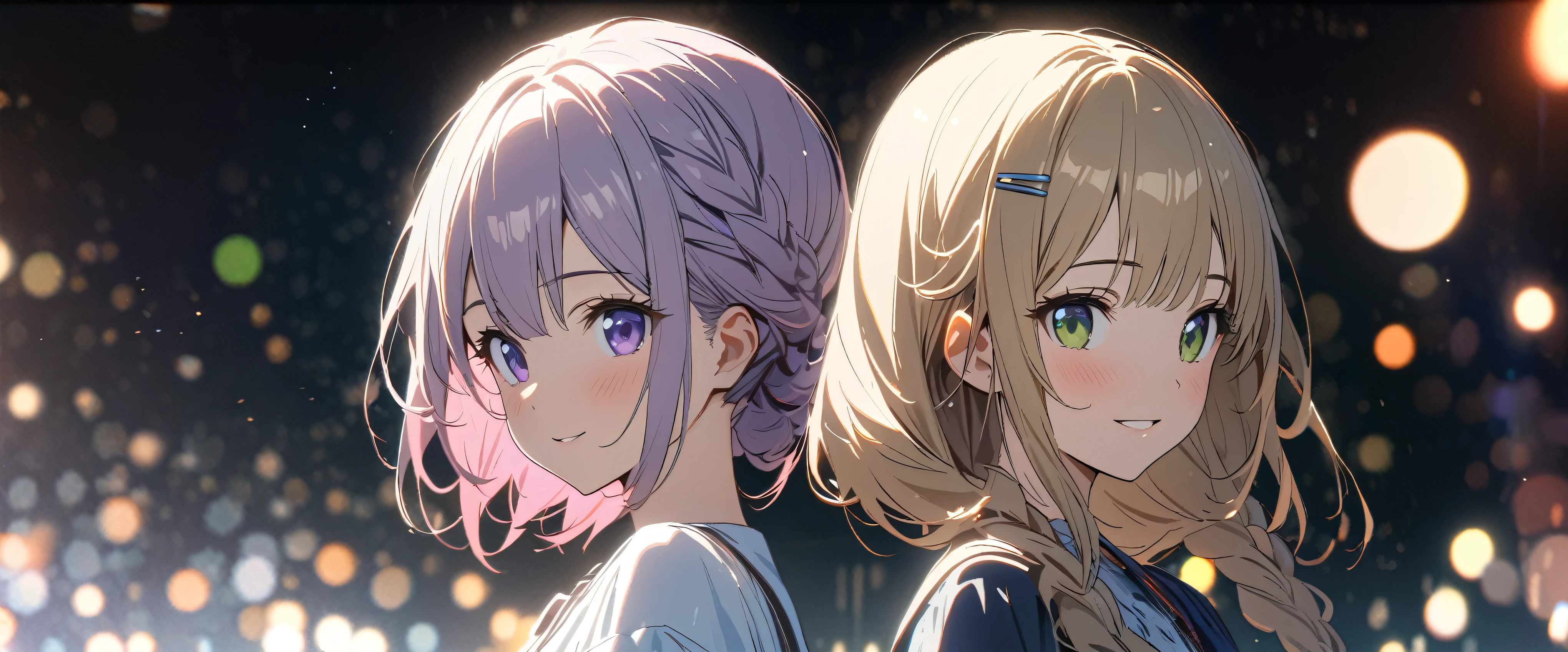 ((ultra-detailed))/three women: (one women with short black hair and bob hair.、beautiful blue eyes,.、smile、gentle smile on her face、flat chest, one Beautiful girl,((masterpiece, illustration, best quality) ((ultra-detailed))/solid white background, while wearing wireless white headphones, full upper body, )/ (one women with short pink hair and bob hair.、beautiful purple eyes、smile、gentle smile on her face、flat chest, one Beautiful girl) (one women with blonde short hair and bob hair、a braid, I tied my hair in a bun with a hair clip..、beautiful green eyes、smile、gentle smile on her face、flat chest, one Beautiful girl),濃い青とBeautiful Blueのグラデーション, High resolution, 8K HD detail, hyper-detail, cinematic, surrealism, soft light, deep field focus bokeh, ray tracing and surrealism. --v6