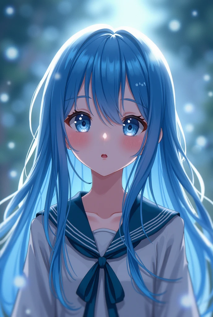 Long blue haired teenager amine