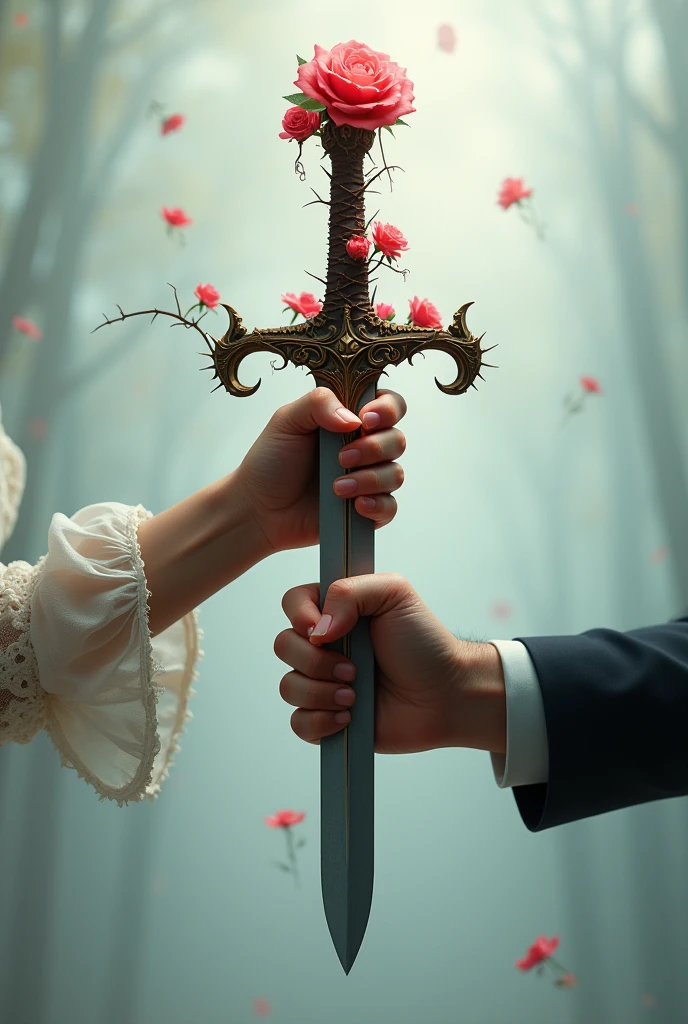A woman's hand holding a sword of roses and thorns and a man's hand releasing it