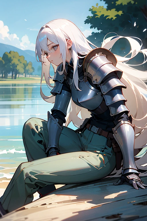 A woman with long white hair sitting on the edge of a lake with armor-lined pants and an armored helmet on her back on the floor. Art by mangaka Nakaba Suzuki

