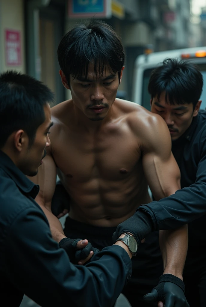 Handsome Japanese man being kidnapped
