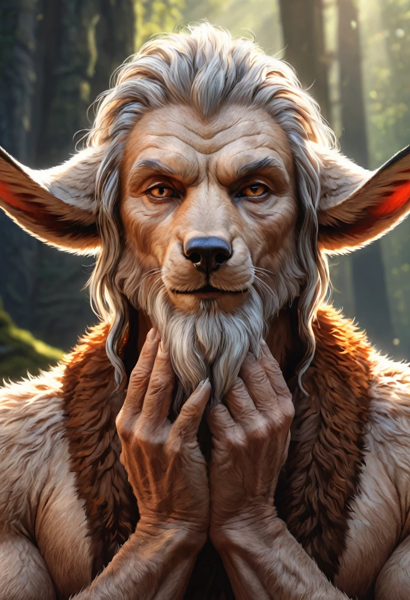Anthropomorphic masculine fox-satyr monk. Old, wrinkled ancient, wise face. long detailed fingers. Official Art – An Award-Winning Digital Masterpiece In 4K Ultra HD, Extreme Detail And Intricate Realism. Symmetrical Face. This Concept Art Brought To Life By The Hands Of Artists Like Wlop & Artgerm In A Stunning 2D Vector Illustration. Background Is A Panoramic Vista.