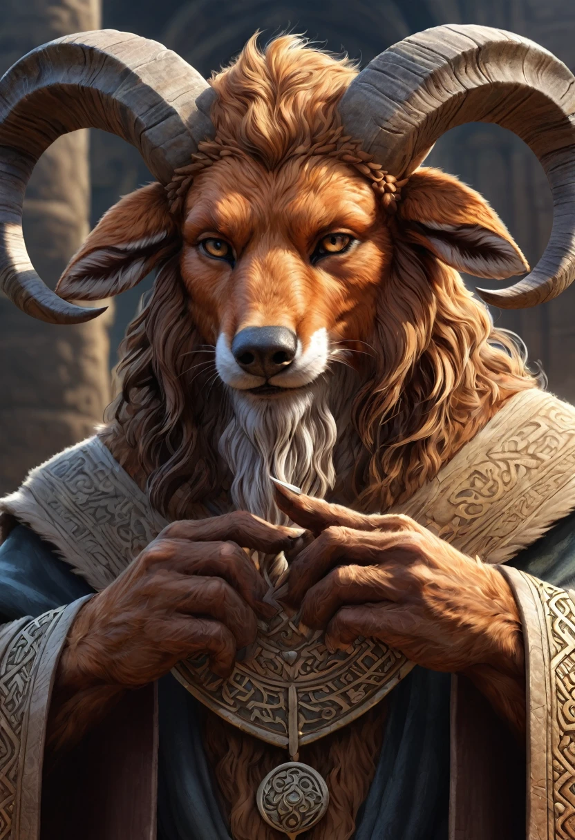 Anthropomorphic masculine fox-satyr monk. Old, wrinkled ancient, wise face. long detailed fingers. Official Art – An Award-Winning Digital Masterpiece In 4K Ultra HD, Extreme Detail And Intricate Realism. Symmetrical Face. This Concept Art Brought To Life By The Hands Of Artists Like Wlop & Artgerm In A Stunning 2D Vector Illustration. Background Is A Panoramic Vista.