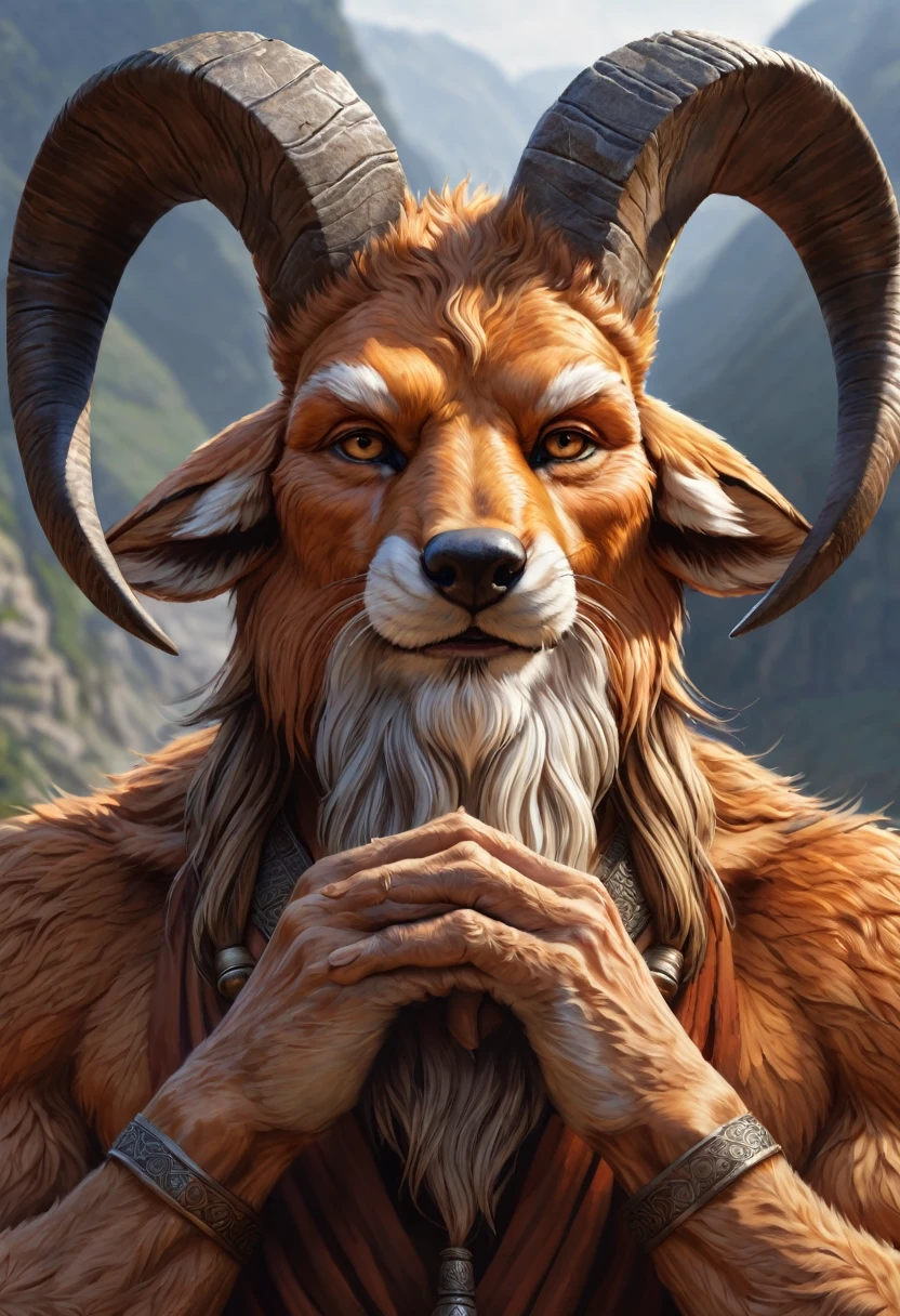Anthropomorphic masculine fox-satyr . Old, wrinkled ancient, wise face. long detailed fingers. Official Art – An Award-Winning Digital Masterpiece In 4K Ultra HD, Extreme Detail And Intricate Realism. Symmetrical Face. This Concept Art Brought To Life By The Hands Of Artists Like Wlop & Artgerm In A Stunning 2D Vector Illustration. Background Is A Panoramic Vista.
