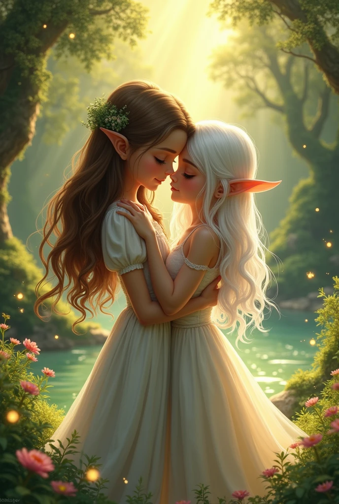 Young brown-haired girl with green eyes hugging a white-haired elf girl in a white dress 
