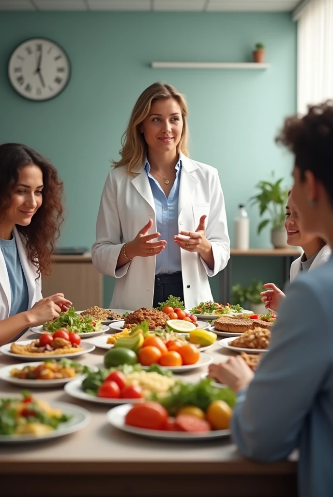I want a nutritionist teaching with some plates of healthy foods