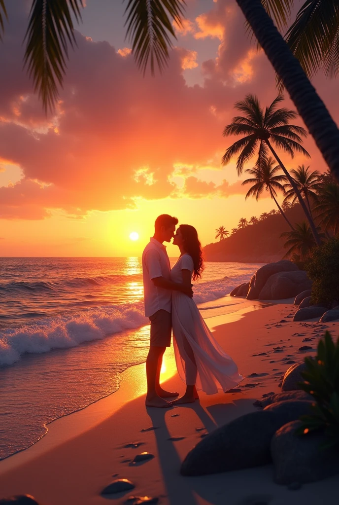 Create an image of the beach with the sea in the evening with very warm colors and with 2 people who are a couple