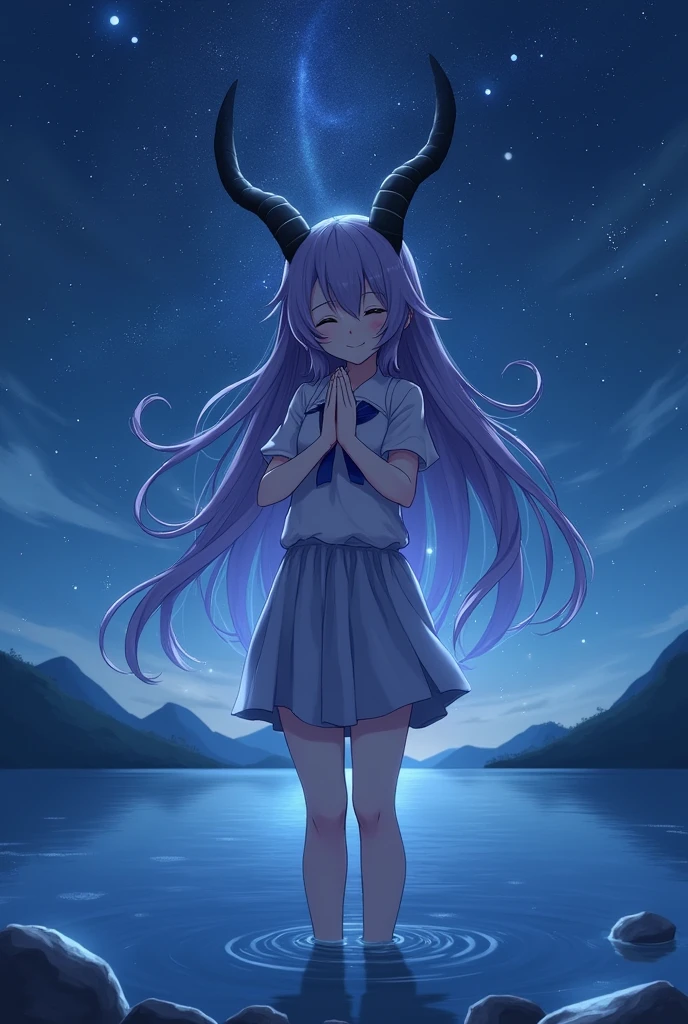 Ganyudev, Upper Body, Standing in water, night, Starry Sky, shooting star, Beautiful sky, (One girl), smile, close your eyes, pray, Beautiful anime artwork on the horns, Super sharp, masterpiece, High resolution, 8k, Thick thighs