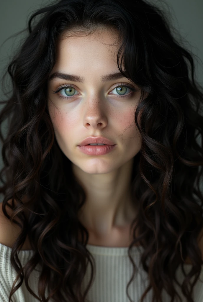 a young woman with white skin, green eyes and curly hair, deep black hair, smooth and long