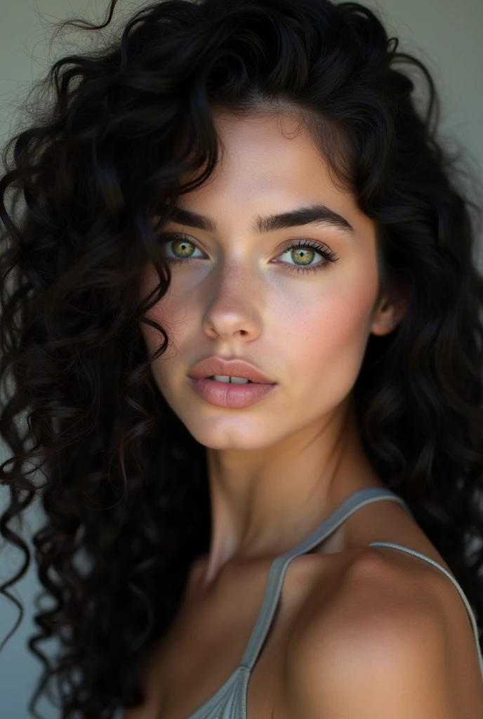 a young woman with white skin, green eyes and curly hair, deep black hair, smooth and long