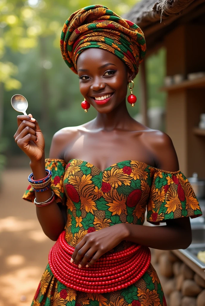 Generate an African Nigerian girl age 18 dressed in vibrant traditional attire. She might be wearing a brightly colored ankara cloth a piece tied to her chest and another piece tied to her waist. Her waist should be adorned with red bold Nigeria beads. She might also have traditional accessories like earrings, bracelets, and a headwrap that complements her clothing. The setting should be an outdoors kitchen with natural light, highlighting the vivid colors and textures of her attire. She is showing us a cooking spoon.