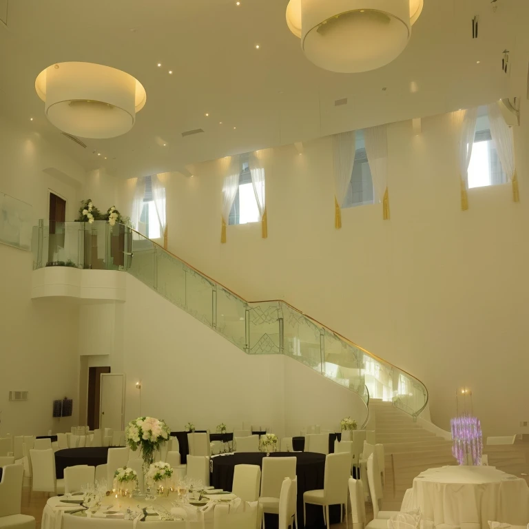 This room has a staircase、There are plenty of tables and chairs。, Glass railing, mezzanine, interior view, wedding, panoramic, Inside the building, Atrium, indoor, View from the ground, indoor setting, Lower and higher levels, interior, High ceilings, In a white room, large hall, Eye level, View from the ground、reception