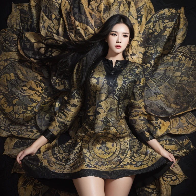 (masterpiece), (best quality), (digital painting), wide shot angle, 1 beautiful woman, thick eyebrows, curled eyelashes, facial details, long hair, Huge breasts, ((black batik shirt, cloth_pattern)), repeating pattern design, black short skirt, hips, background, shop street,