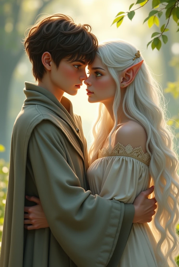  Young man with brown hair and green eyes and a gray robe, hugging a white-haired elf in a white dress 
