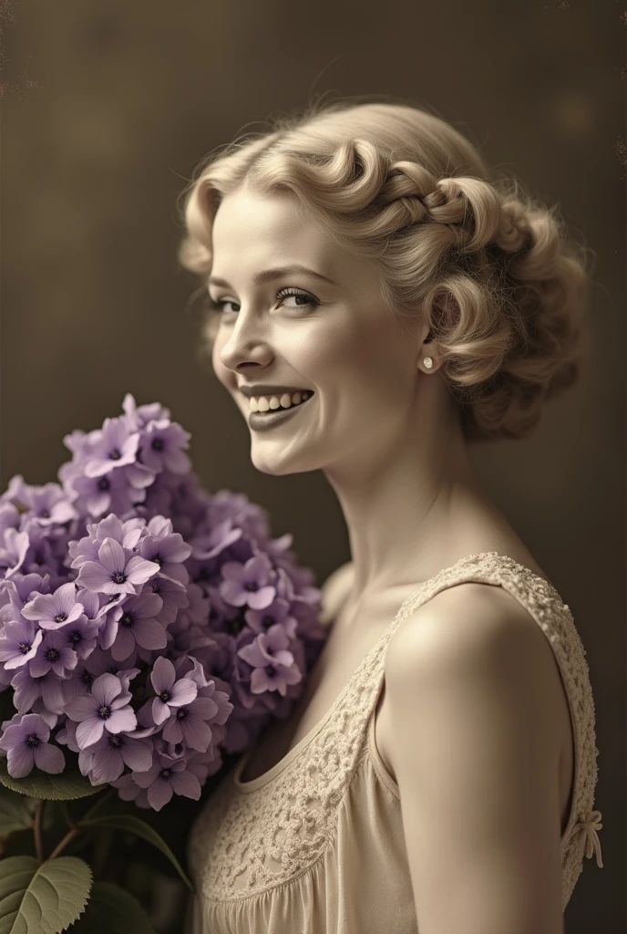 A charming vintage-style photograph showing a stunning 1930s blonde with a flaxen braid, smiling radiantly, inhaling the scent of an amazing bouquet of violets. Sepia shades in the image . The overall atmosphere creates a sense of elegance and nostalgia, transporting the audience to another era.