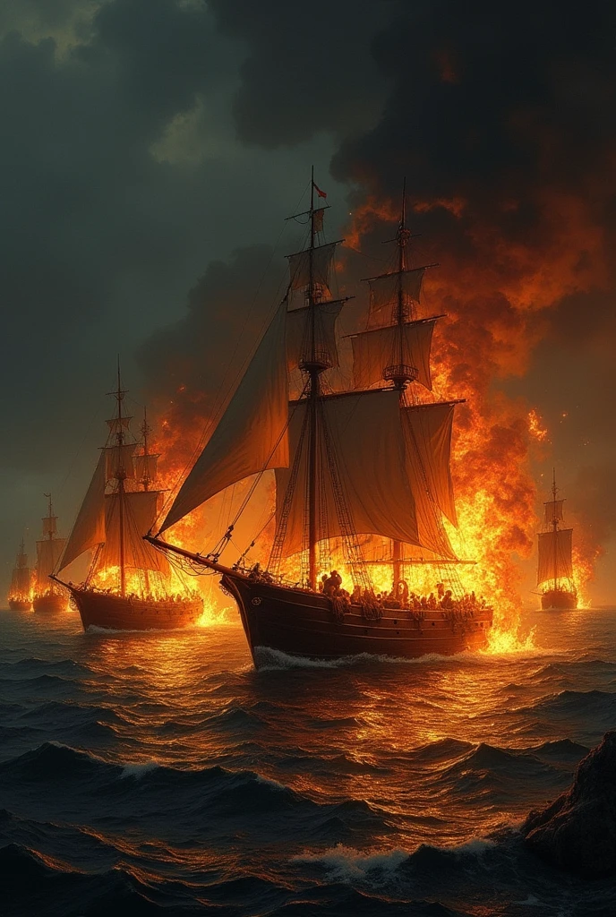 realistic renaissance style drawing of burning boats in the middle of the sea at night