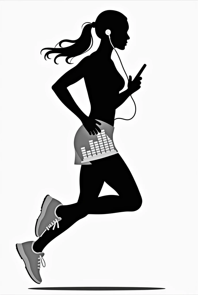 Silhouette Art。PAPERCUT。Solid black。No background。Woman running alone。Holding your phone in your hand。White earphones in ears。A wire is connected to the smartphone in your hand。Wearing large shorts with a white equalizer pattern。Small breasts。Right facing。Model body type。White equalizer pattern running shoes。