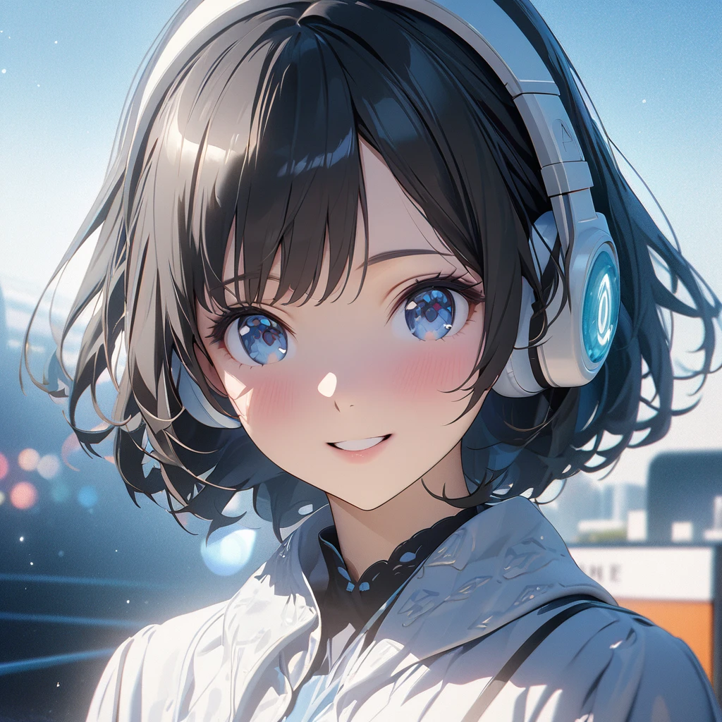 ((ultra-detailed))/three women: (one women with short black hair and bob hair.、beautiful blue eyes,.、smile、gentle smile on her face、flat chest, one Beautiful girl,((masterpiece, illustration, best quality) ((ultra-detailed))/solid white background, while wearing wireless white headphones, full upper body, ),濃い青とBeautiful Blueのグラデーション, High resolution, 8K HD detail, hyper-detail, cinematic, surrealism, soft light, deep field focus bokeh, ray tracing and surrealism. --v6, light blue background