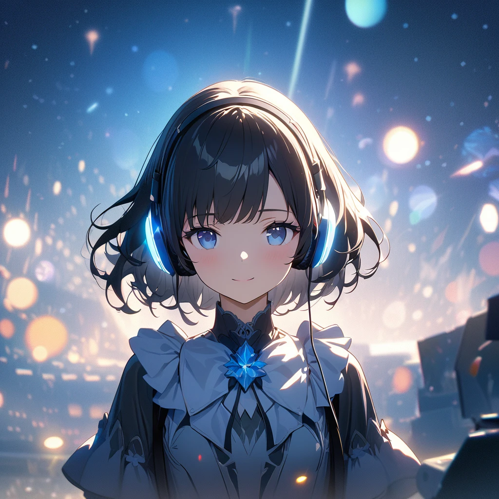 ((ultra-detailed))/three women: (one women with short black hair and bob hair.、beautiful blue eyes,.、smile、gentle smile on her face、flat chest, one Beautiful girl,((masterpiece, illustration, best quality) ((ultra-detailed))/solid white background, while wearing wireless white headphones, full upper body, ),濃い青とBeautiful Blueのグラデーション, High resolution, 8K HD detail, hyper-detail, cinematic, surrealism, soft light, deep field focus bokeh, ray tracing and surrealism. --v6, light blue background